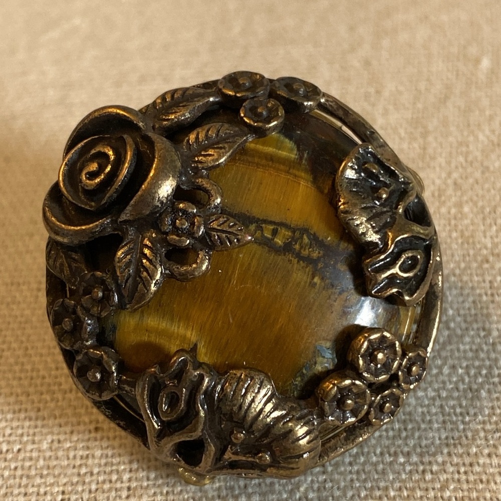 Vintage Cocktail Ring with Genuine Tiger Eye Stone- one size